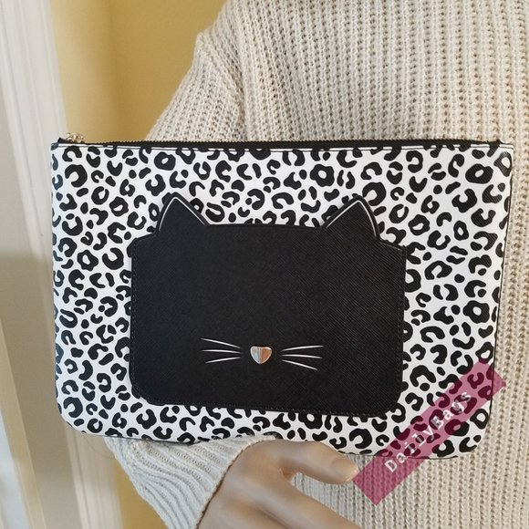 NWT KATE SPADE LARGE ZIP POUCH MEOW MULTI BLACK WHITE LEOPARD DOTS WLR00592
